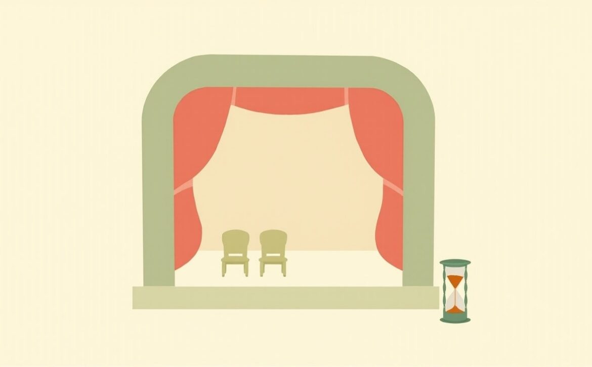 Flat illustration of an empty curtained stage, two small seats and an hourglass on an ivory background.