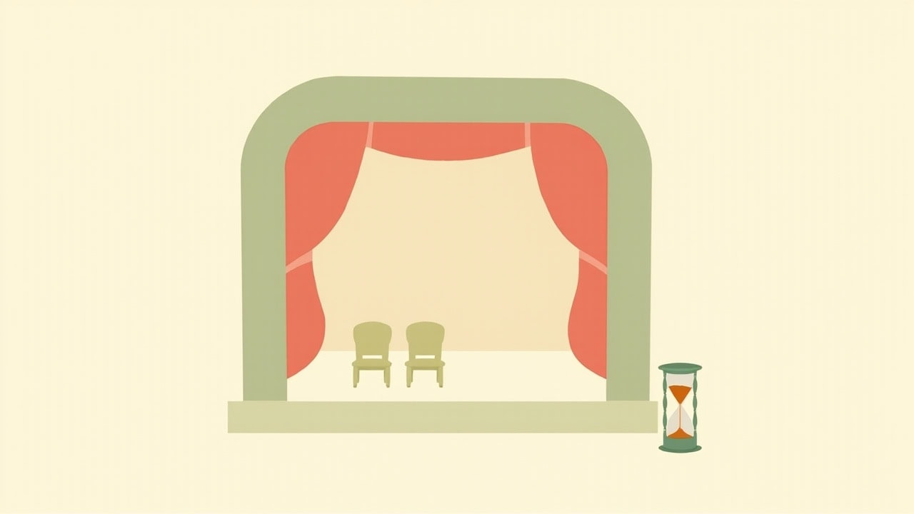 Flat illustration of an empty curtained stage, two small seats and an hourglass on an ivory background.