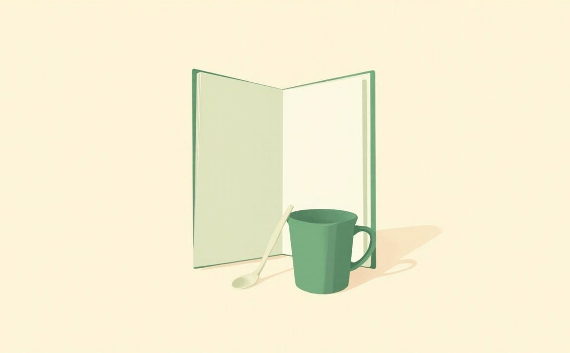 An open blank green health booklet stands behind a green cup and cream spoon on an ivory background.