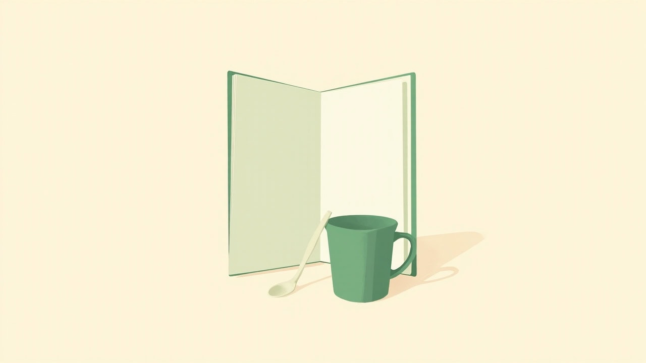 An open blank green health booklet stands behind a green cup and cream spoon on an ivory background.