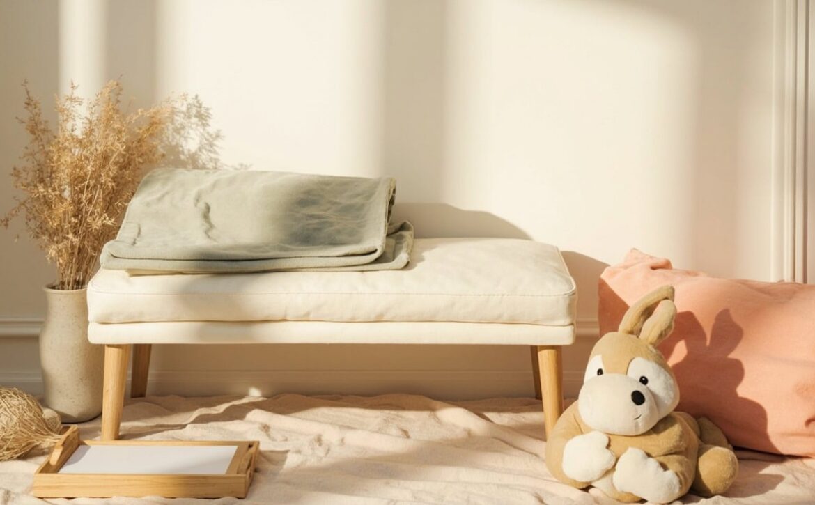 Warm still life of a cream bench, folded sage blanket, blank paper tray, plush rabbit, coral cushion and dried stems.