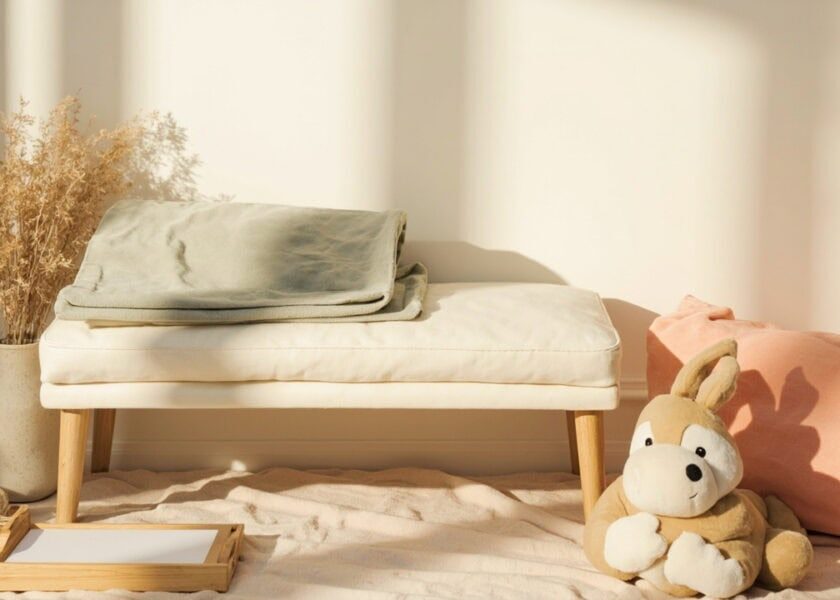Warm still life of a cream bench, folded sage blanket, blank paper tray, plush rabbit, coral cushion and dried stems.