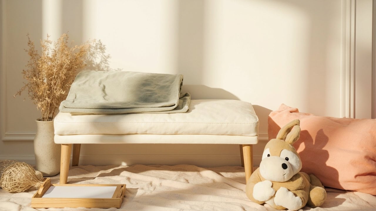 Warm still life of a cream bench, folded sage blanket, blank paper tray, plush rabbit, coral cushion and dried stems.