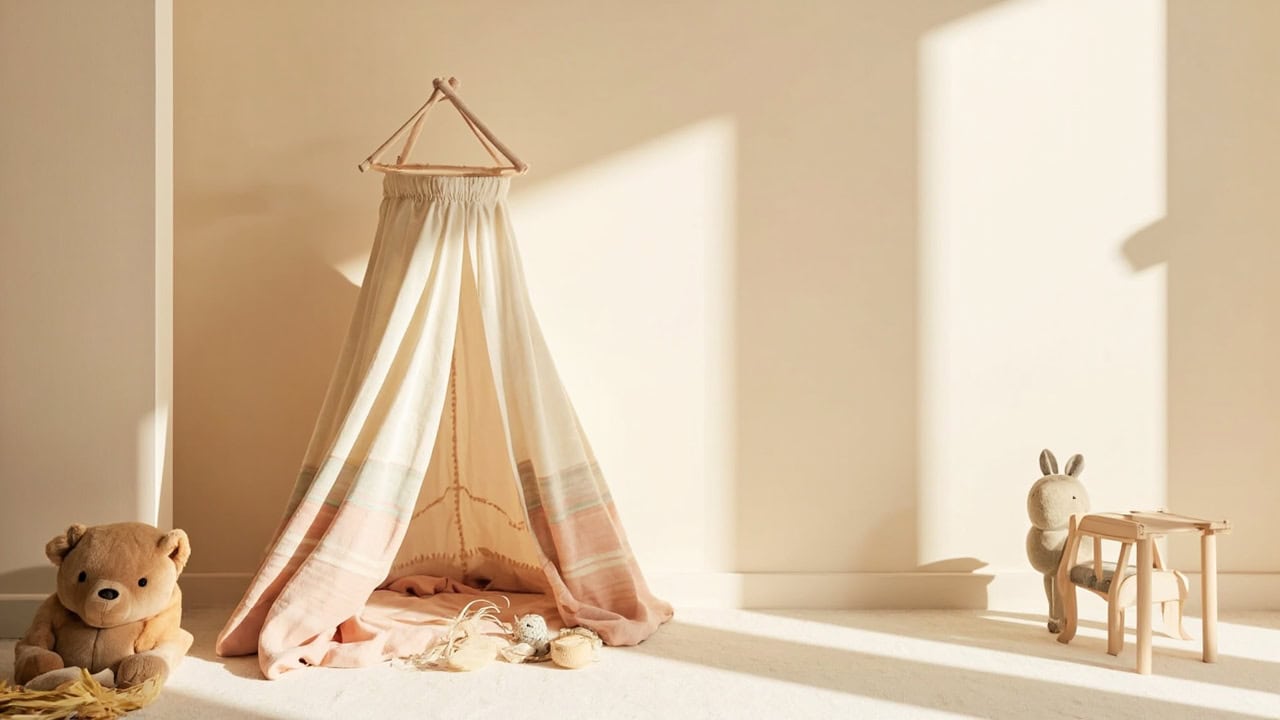 A cream fabric play canopy in a sunlit neutral room, beside a teddy, scattered toys, a plush rabbit and miniature wooden furniture.