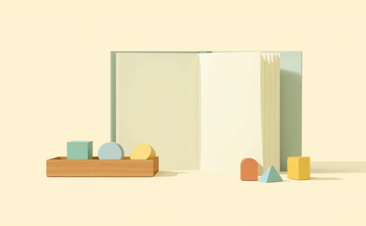 An open blank cream booklet with a muted-green cover stands behind a wooden tray and six simple coloured blocks on ivory.