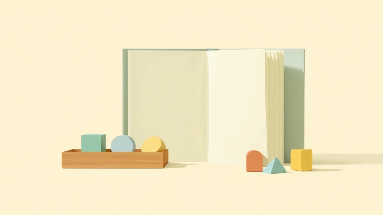 An open blank cream booklet with a muted-green cover stands behind a wooden tray and six simple coloured blocks on ivory.