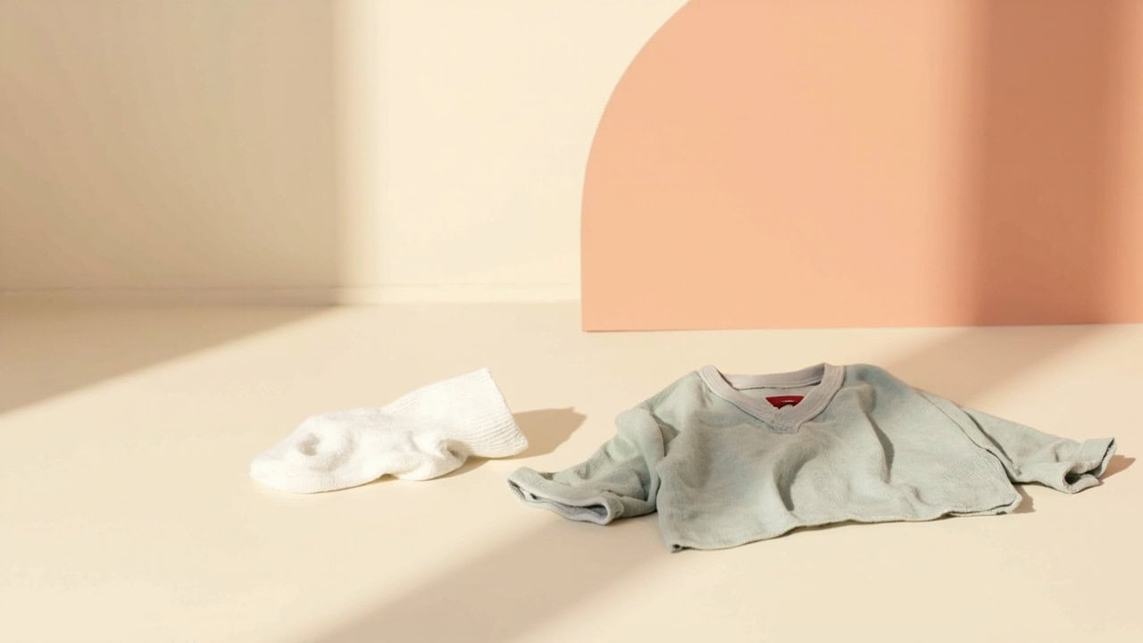 A pale sage child's shirt and white sock rest on a cream surface against a soft coral backdrop.
