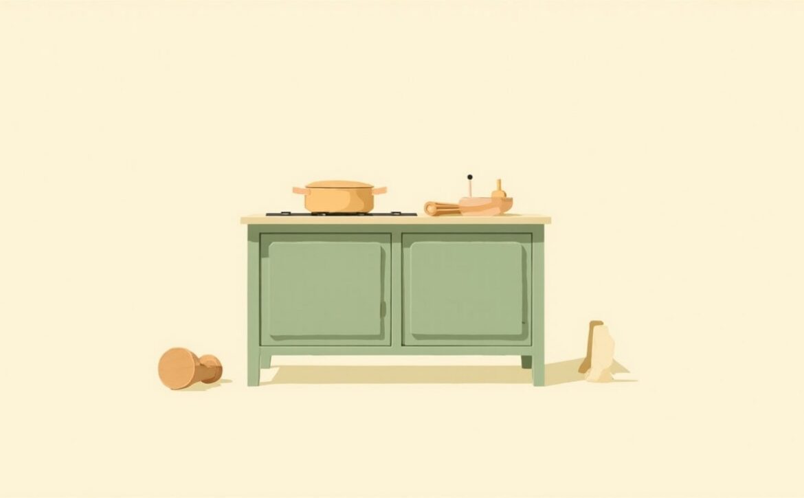 Flat illustration of a muted-green toy kitchen with a lidded pot on a hob and simple play accessories.