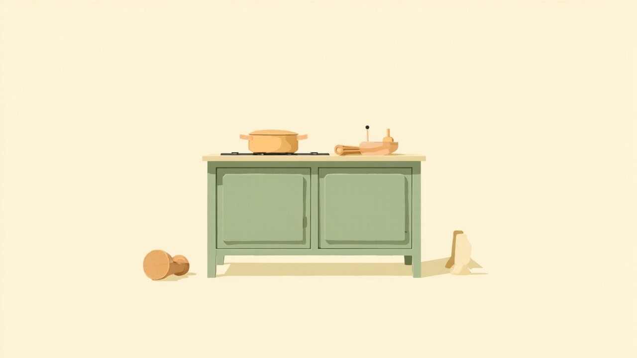 Flat illustration of a muted-green toy kitchen with a lidded pot on a hob and simple play accessories.