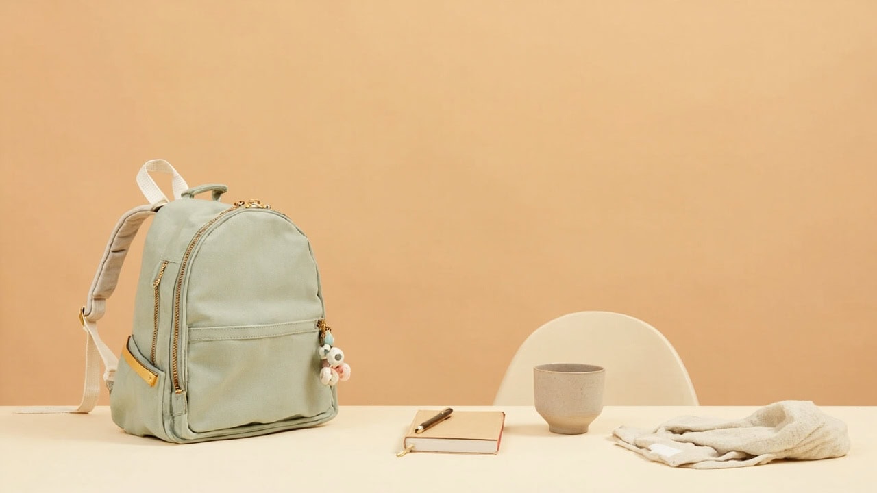 A sage school satchel with an unmarked notebook, ceramic cup and folded garment on a cream table in warm beige tones.