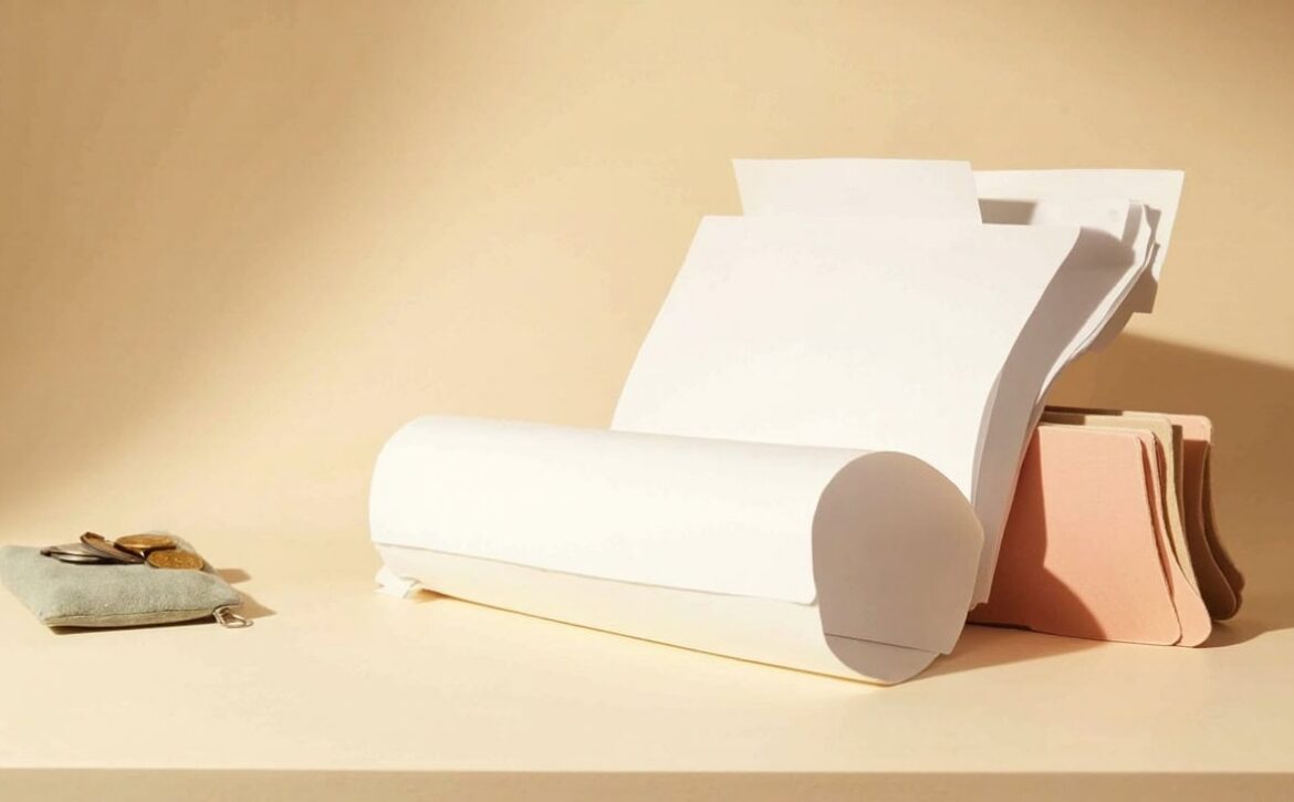Warm still life of a blank open contract folder, muted divider and sage coin pouch on a cream tabletop.