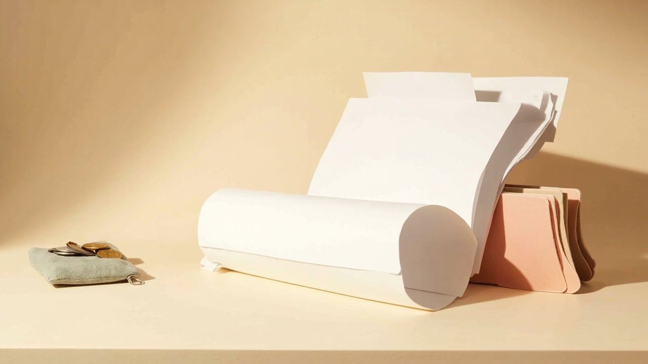 Warm still life of a blank open contract folder, muted divider and sage coin pouch on a cream tabletop.