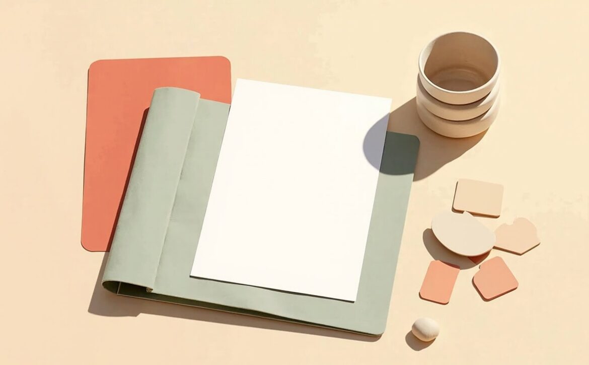 Overhead still life of blank paper on layered sage and coral folders, with a ceramic vessel and wooden shapes.