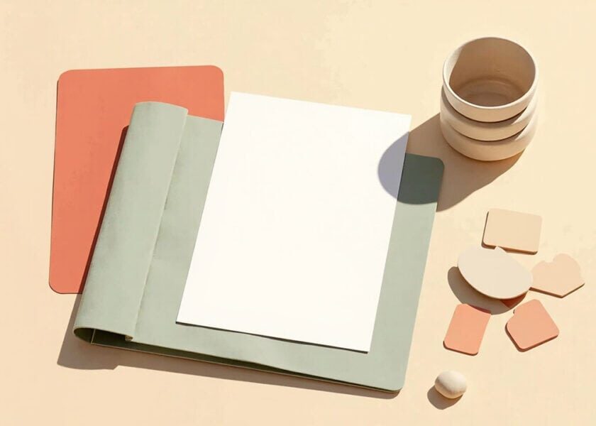 Overhead still life of blank paper on layered sage and coral folders, with a ceramic vessel and wooden shapes.