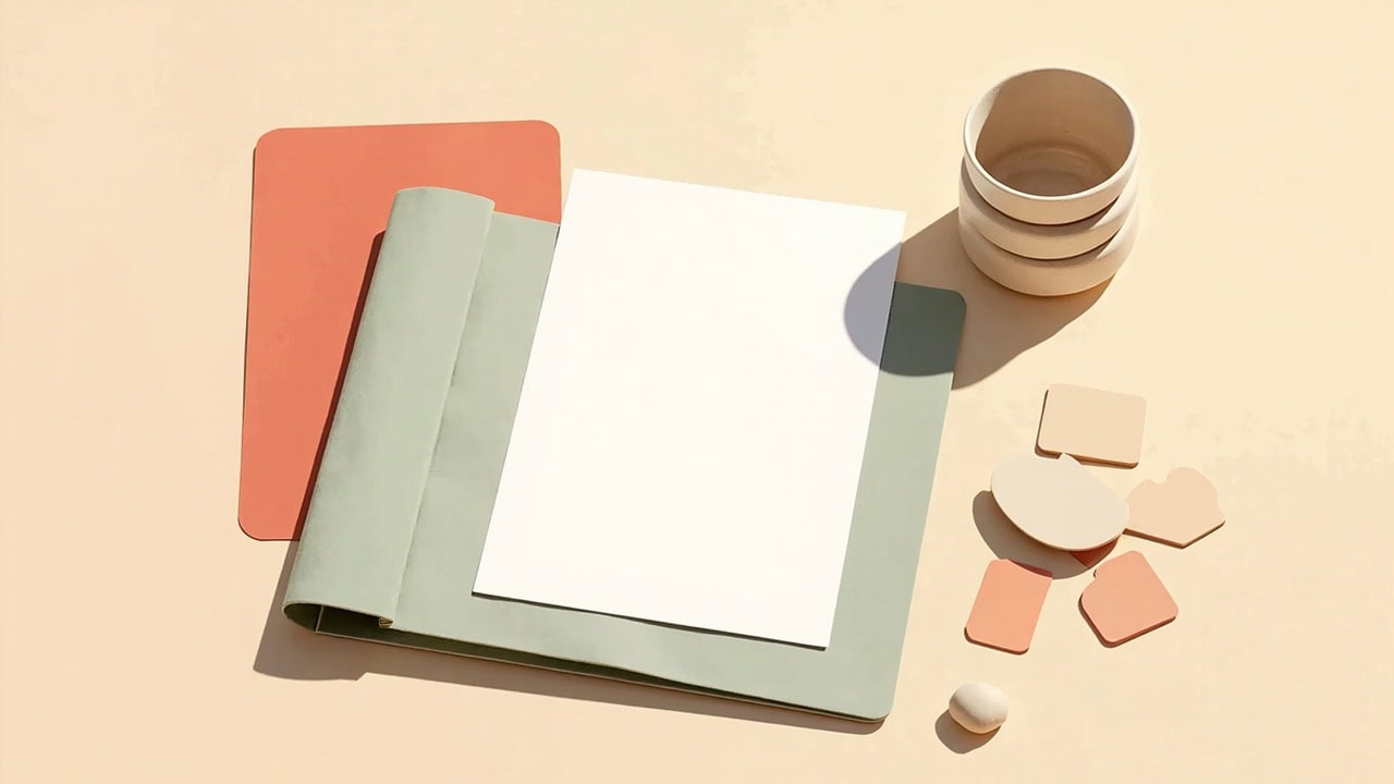 Overhead still life of blank paper on layered sage and coral folders, with a ceramic vessel and wooden shapes.