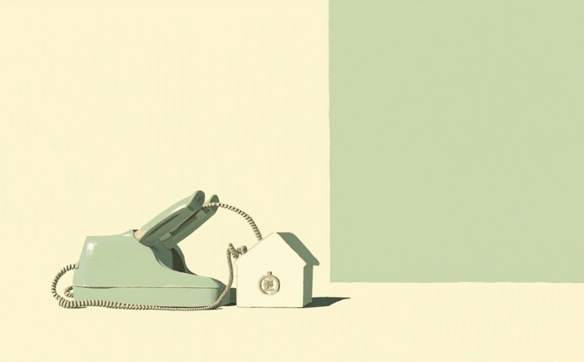 Mint-green telephone and a small house-shaped ornament in a calm ivory-and-green still life with generous open space.
