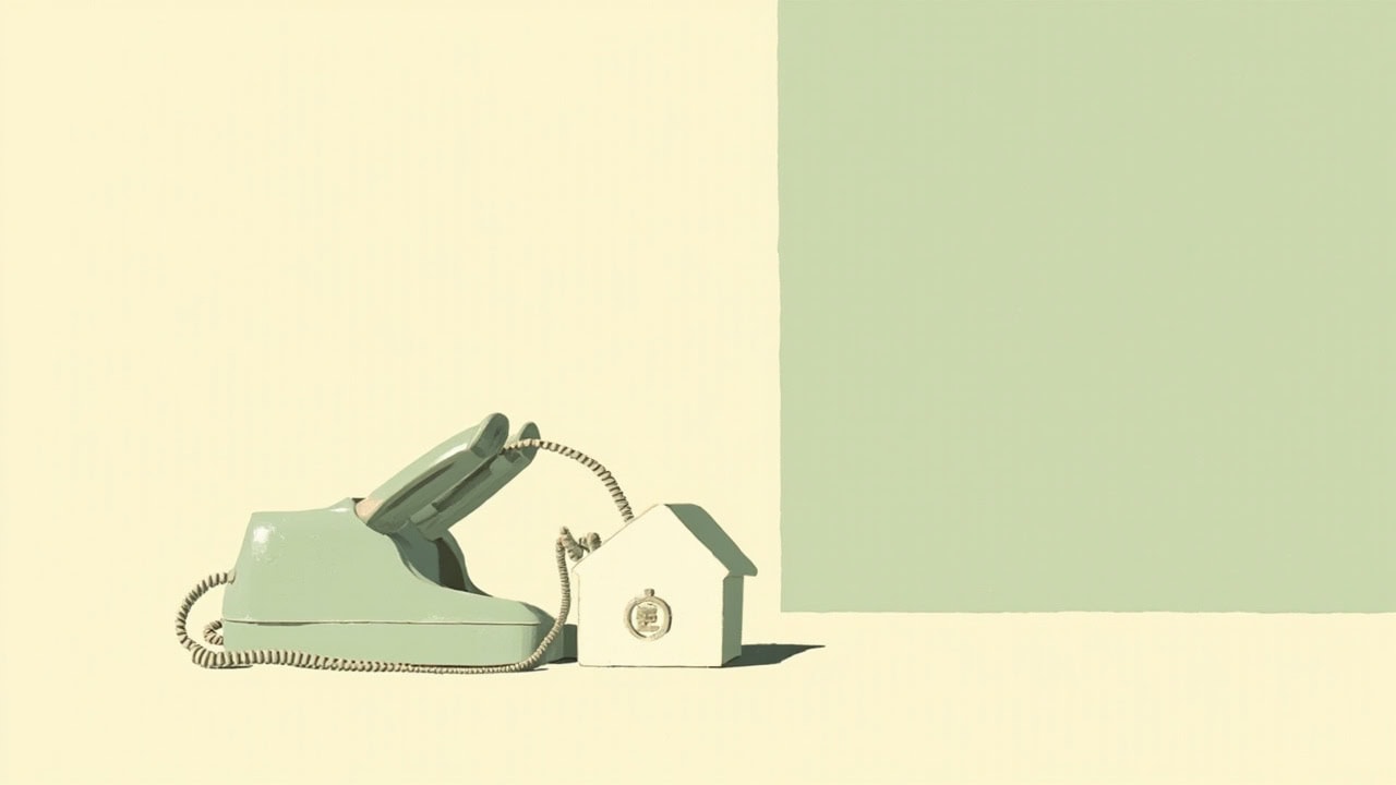Mint-green telephone and a small house-shaped ornament in a calm ivory-and-green still life with generous open space.