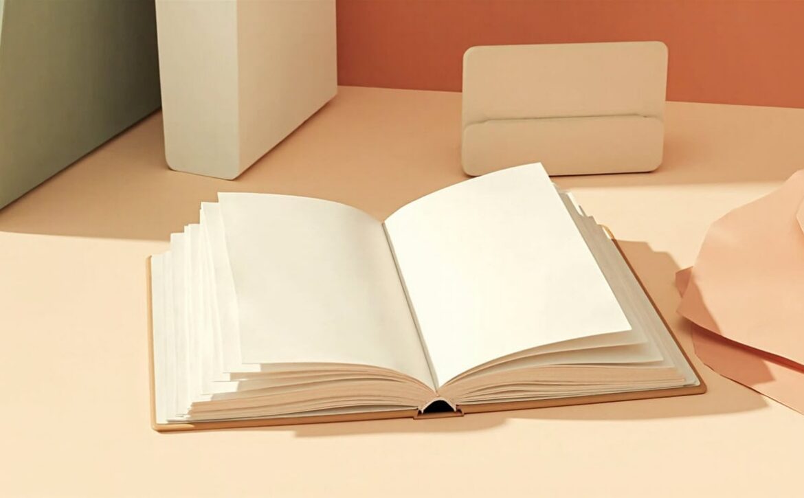 Warm-toned still life of a blank open book with layered pages, abstract blocks and loose paper on a cream table.