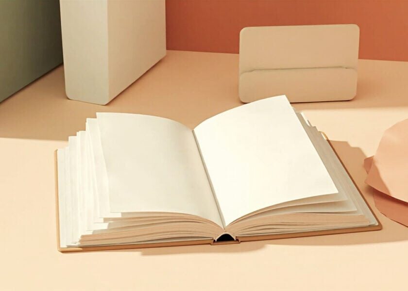Warm-toned still life of a blank open book with layered pages, abstract blocks and loose paper on a cream table.