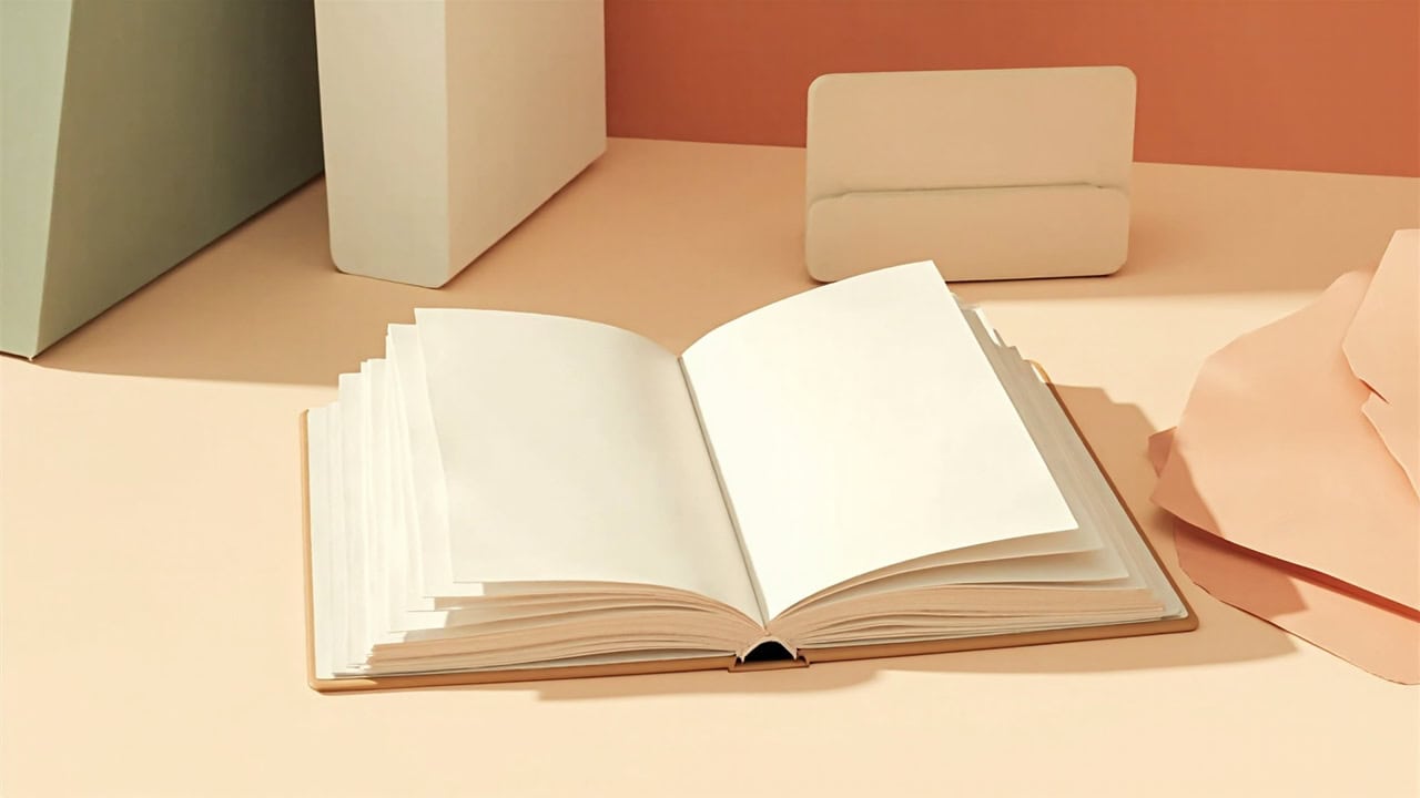 Warm-toned still life of a blank open book with layered pages, abstract blocks and loose paper on a cream table.