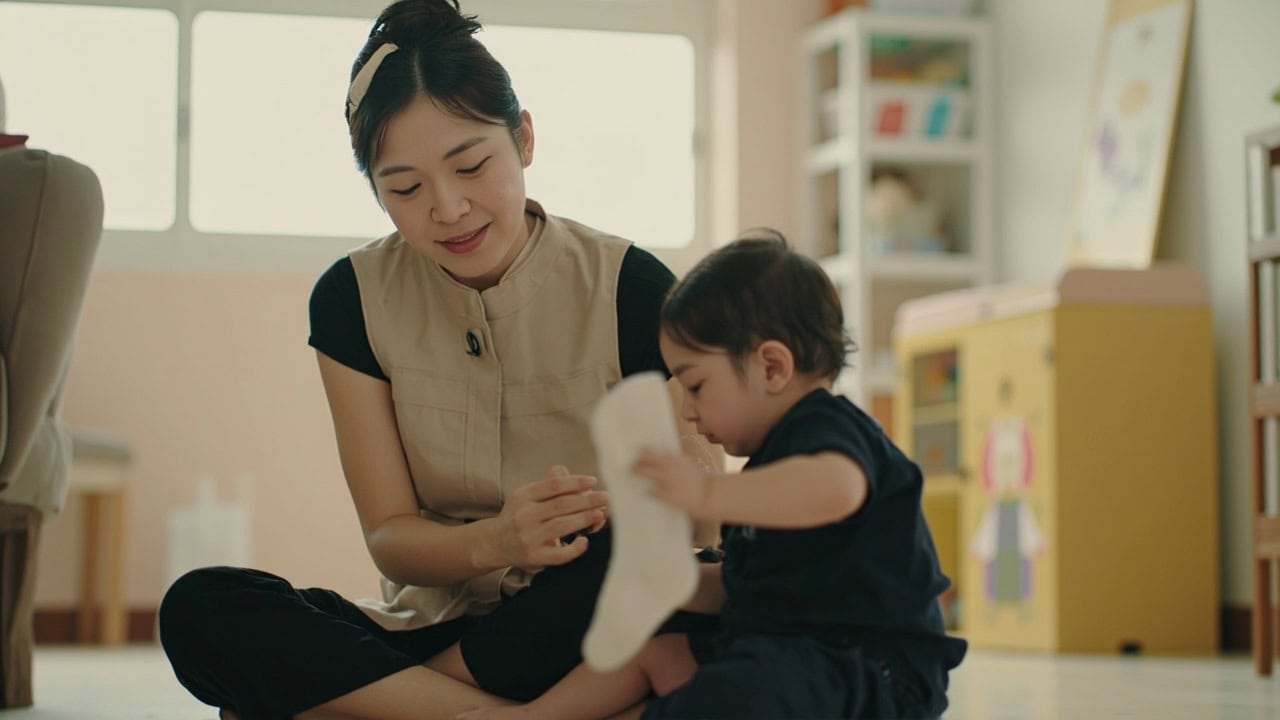 Childminder watches as an infant reaches for a sock