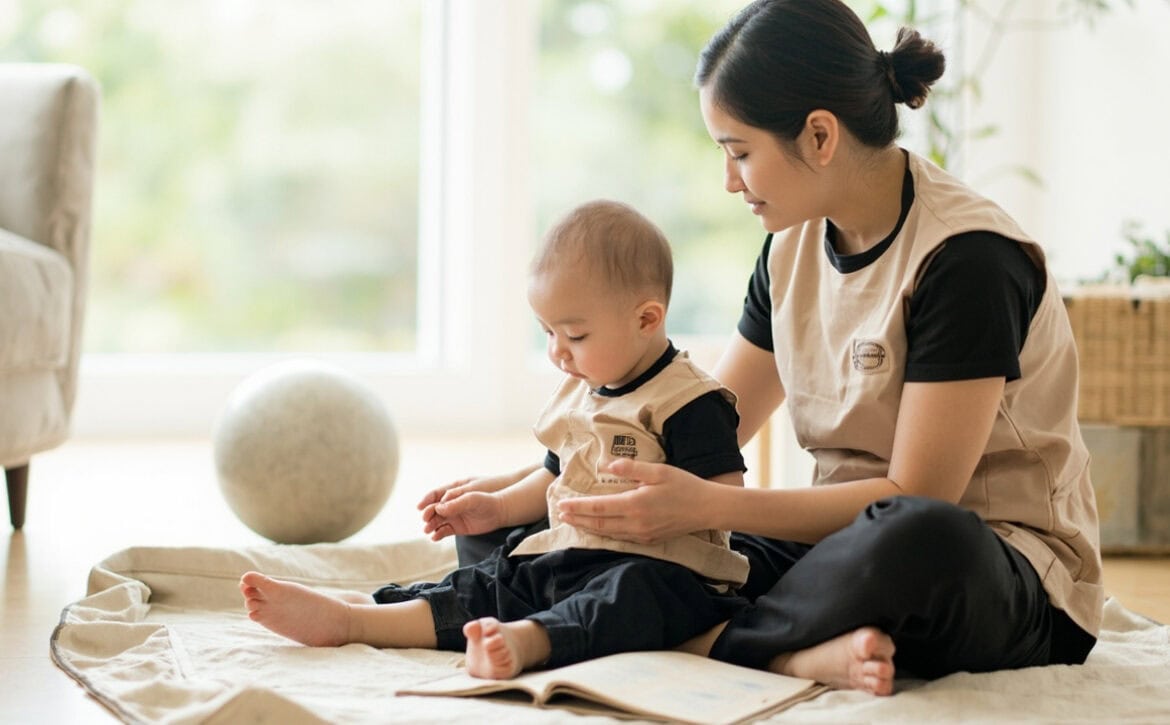 A caregiver sits beside an awake baby on a floor mat, with an open board book in front and a large soft ball nearby.