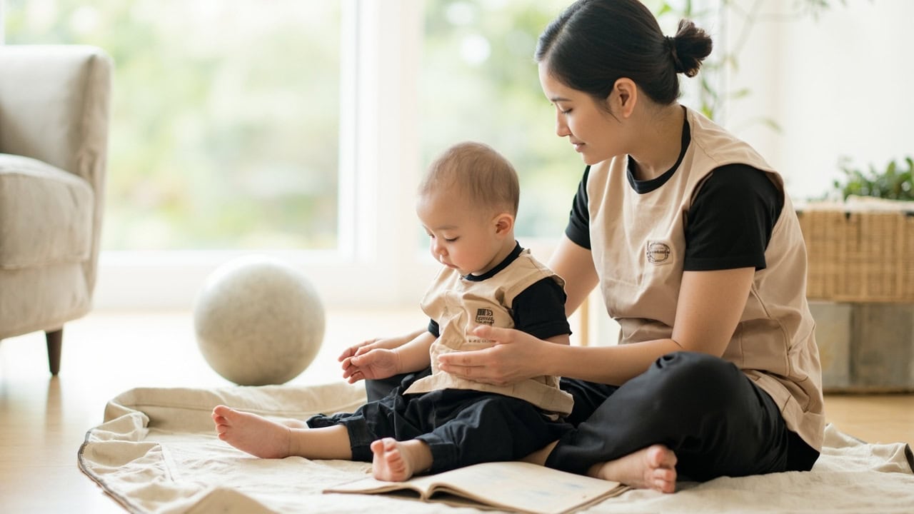 A caregiver sits beside an awake baby on a floor mat, with an open board book in front and a large soft ball nearby.