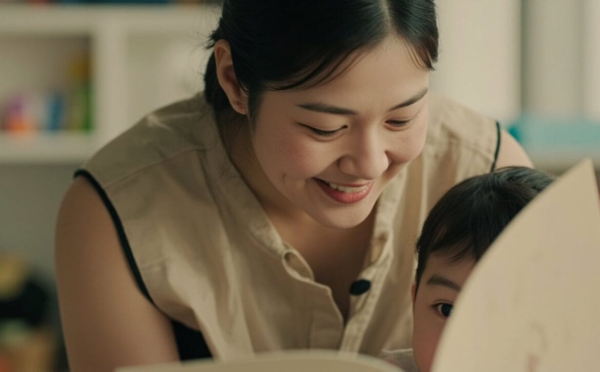Childminder following an infant’s gaze during cloth-book time