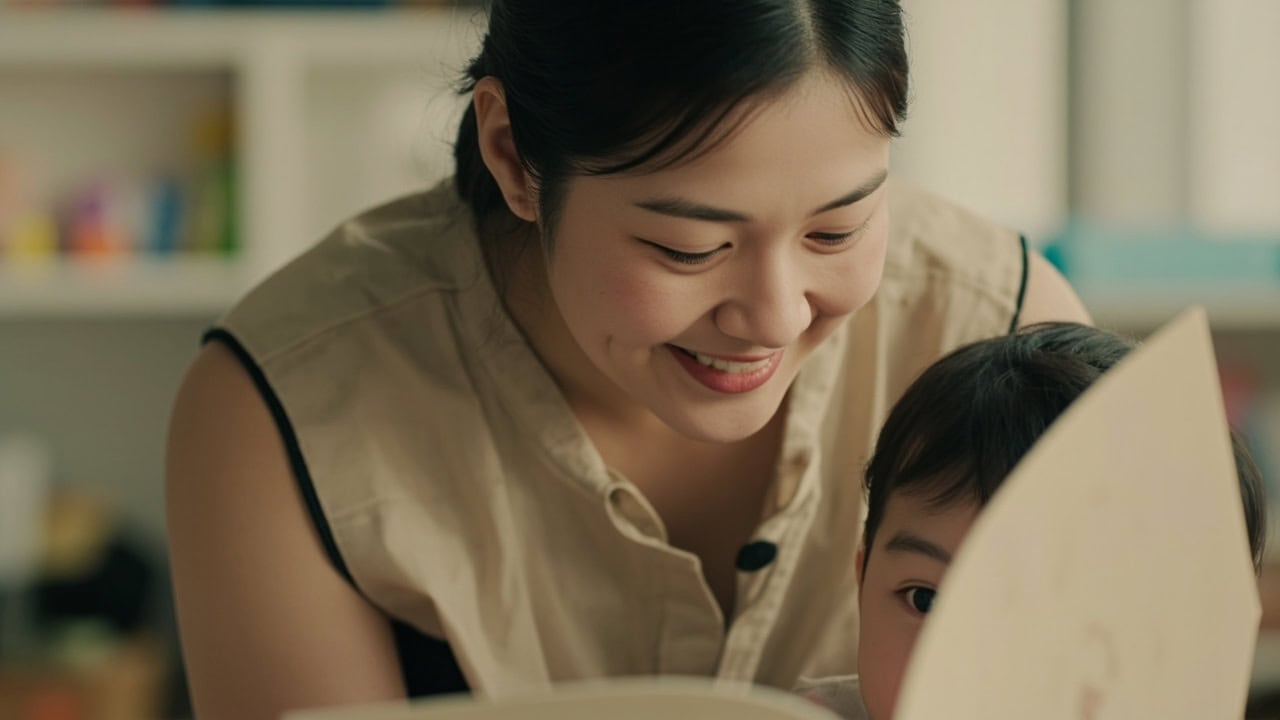 Childminder following an infant’s gaze during cloth-book time