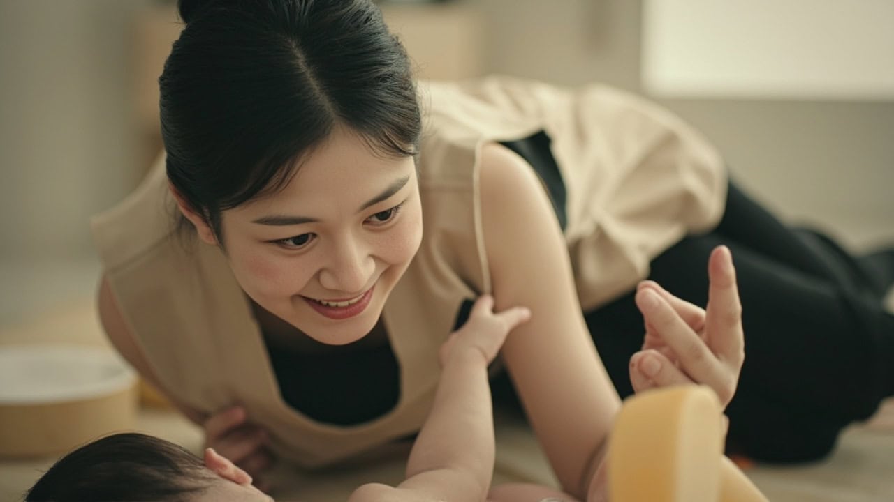 Infant reaching for a large soft object while a childminder observes