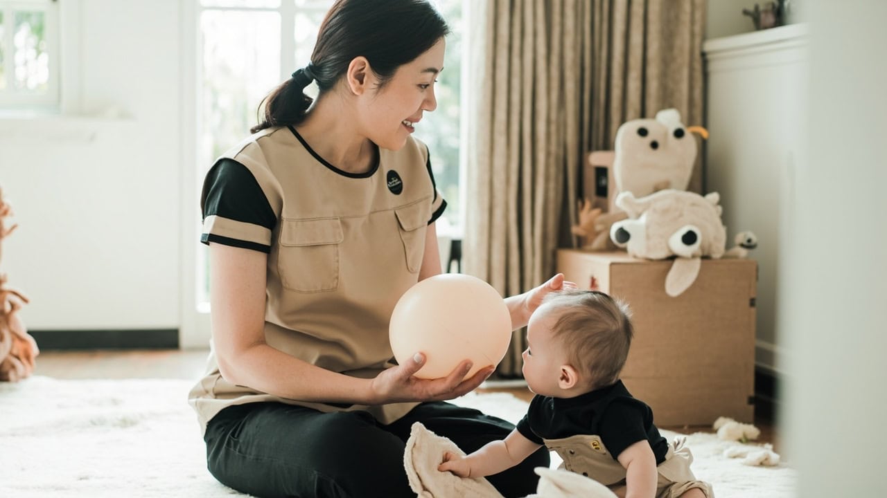 A seated caregiver in a beige sleeveless tunic over a black top presents a soft ball beside an awake baby seated on a floor mat.