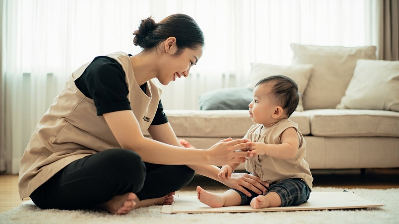 A caregiver in a beige tunic sits cross-legged beside an awake baby, supporting the baby's seated posture while holding one hand.