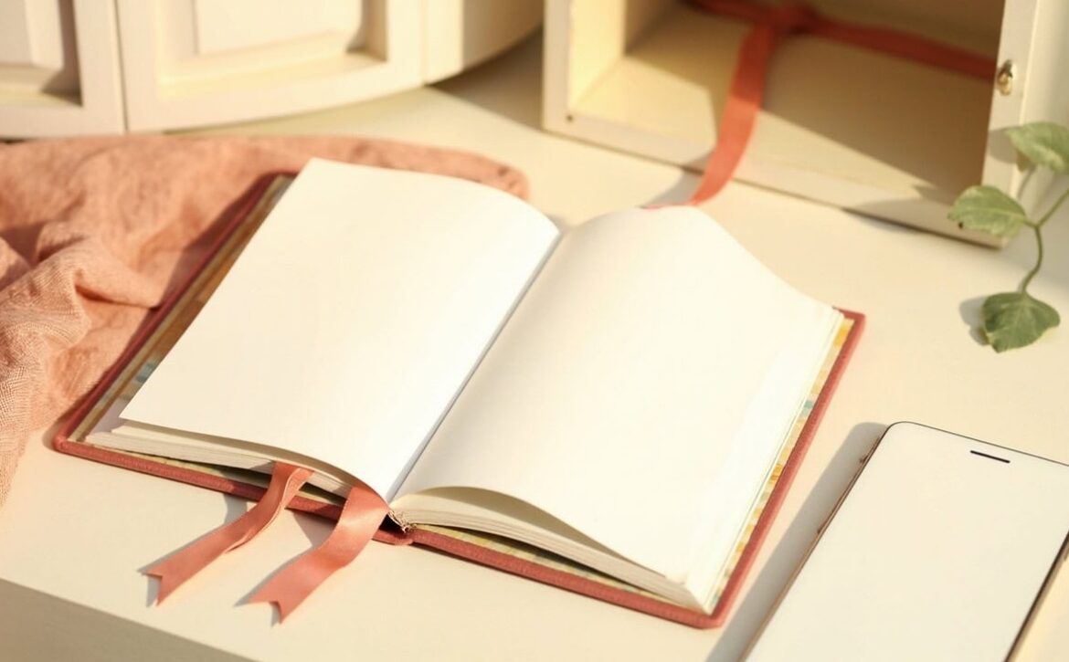 An open blank storybook with a coral bookmark lies beside a plain phone, with cupboards and trailing greenery behind.