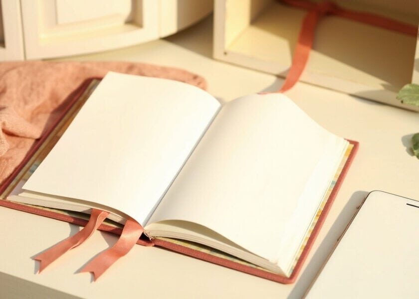 An open blank storybook with a coral bookmark lies beside a plain phone, with cupboards and trailing greenery behind.
