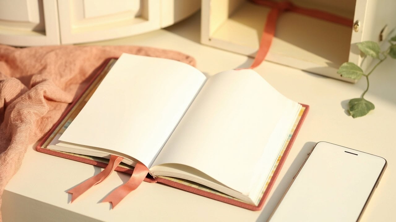 An open blank storybook with a coral bookmark lies beside a plain phone, with cupboards and trailing greenery behind.