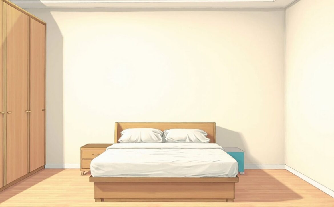 Editorial illustration of a tidy bedroom with a neatly made double bed, wooden wardrobe and two bedside tables.