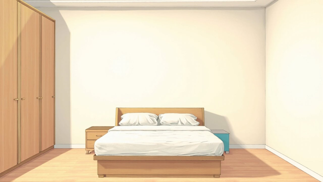 Editorial illustration of a tidy bedroom with a neatly made double bed, wooden wardrobe and two bedside tables.