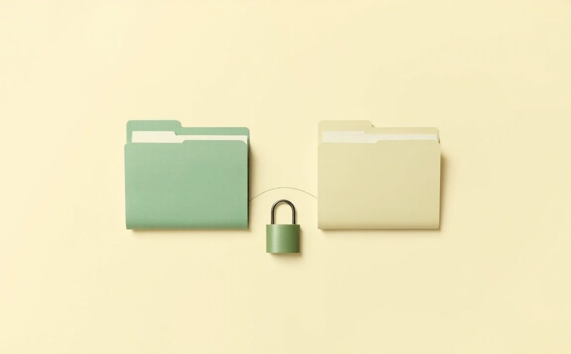 Two plain folders linked by a dotted line, with a small closed padlock between them on an ivory background.