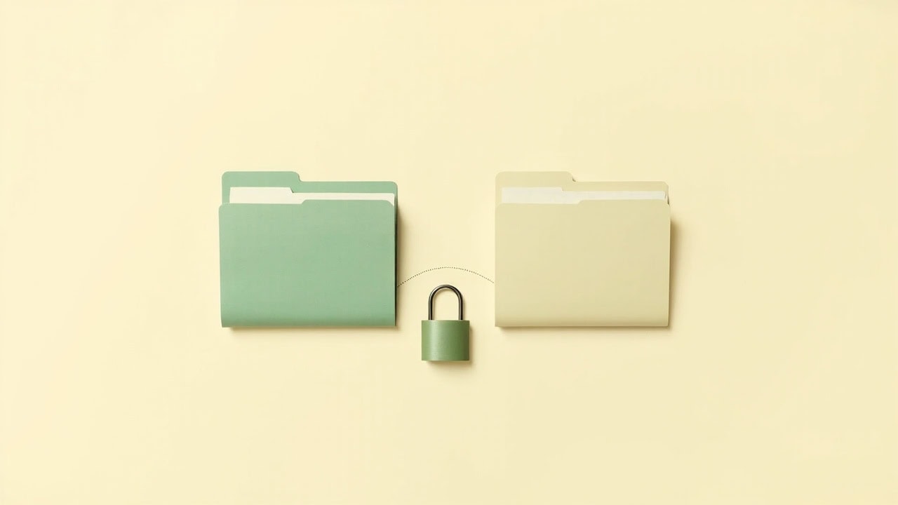Two plain folders linked by a dotted line, with a small closed padlock between them on an ivory background.