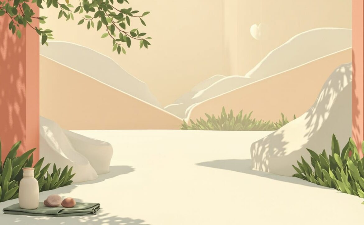 Warm abstract park scene with a sunlit path, coral walls, greenery, and a plain flask, folded cloth and two pebbles.