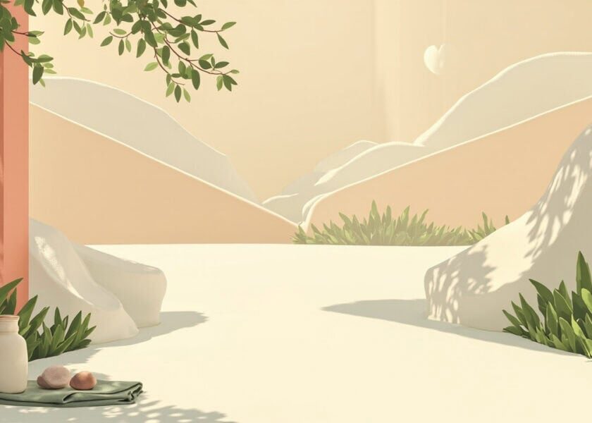 Warm abstract park scene with a sunlit path, coral walls, greenery, and a plain flask, folded cloth and two pebbles.