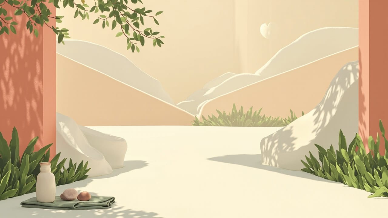 Warm abstract park scene with a sunlit path, coral walls, greenery, and a plain flask, folded cloth and two pebbles.