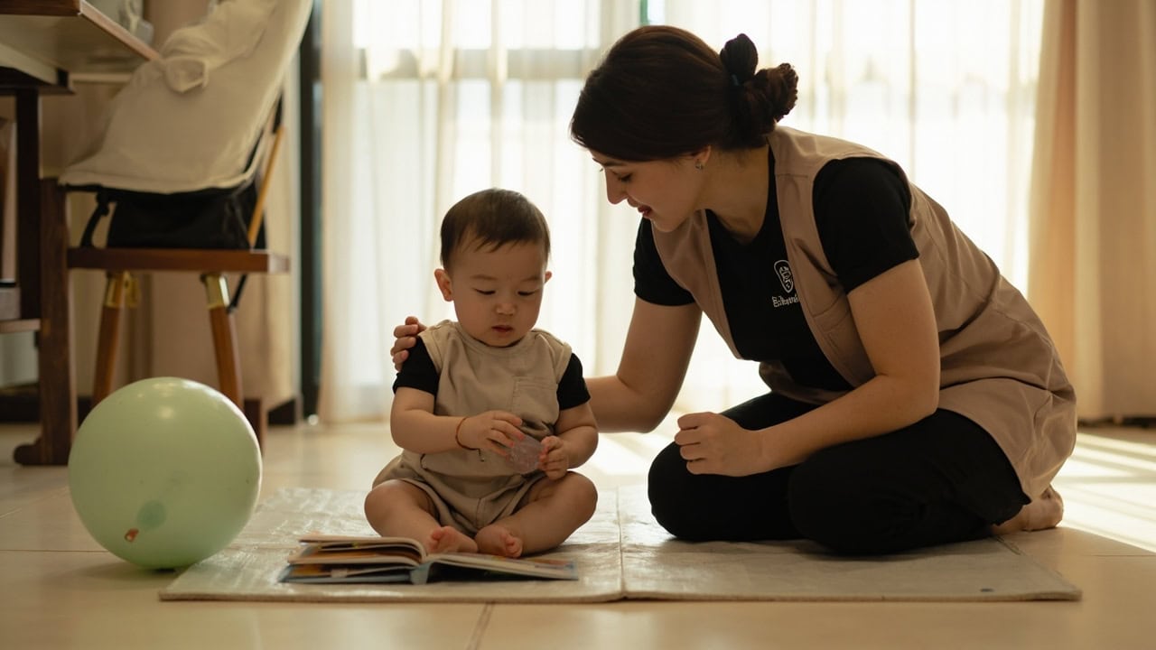A uniformed caregiver kneels beside a seated baby on a floor mat, with an open board book and a large soft ball nearby.