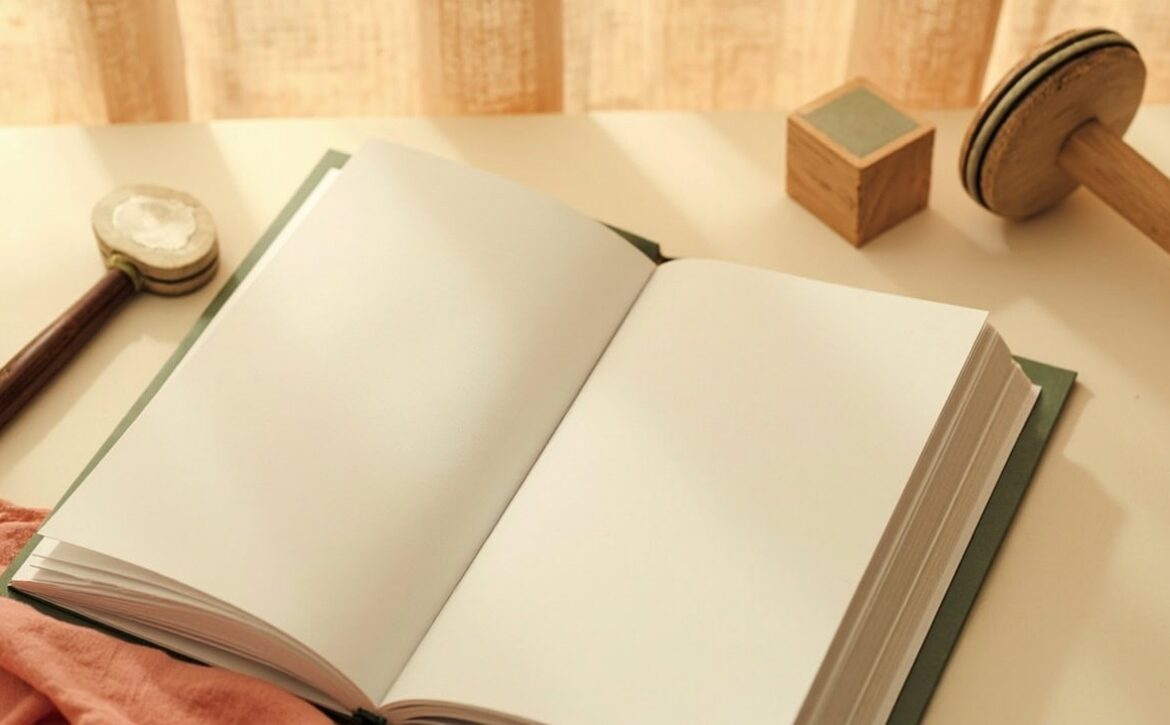 An open blank book, wooden rhythm block and small hand drum arranged on a cream table with a coral cloth.