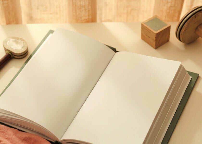 An open blank book, wooden rhythm block and small hand drum arranged on a cream table with a coral cloth.
