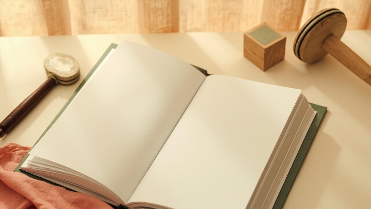 An open blank book, wooden rhythm block and small hand drum arranged on a cream table with a coral cloth.