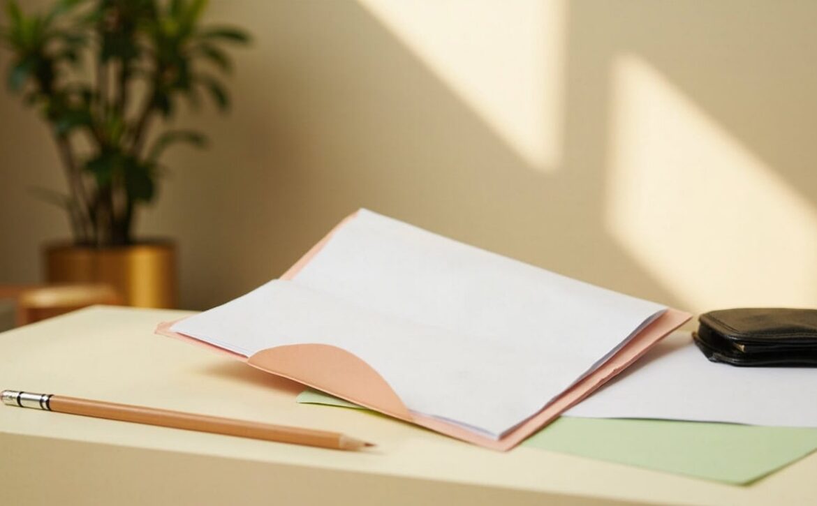 Blank coral folder, papers, pencil and closed wallet on a cream desk beside a softly blurred plant.