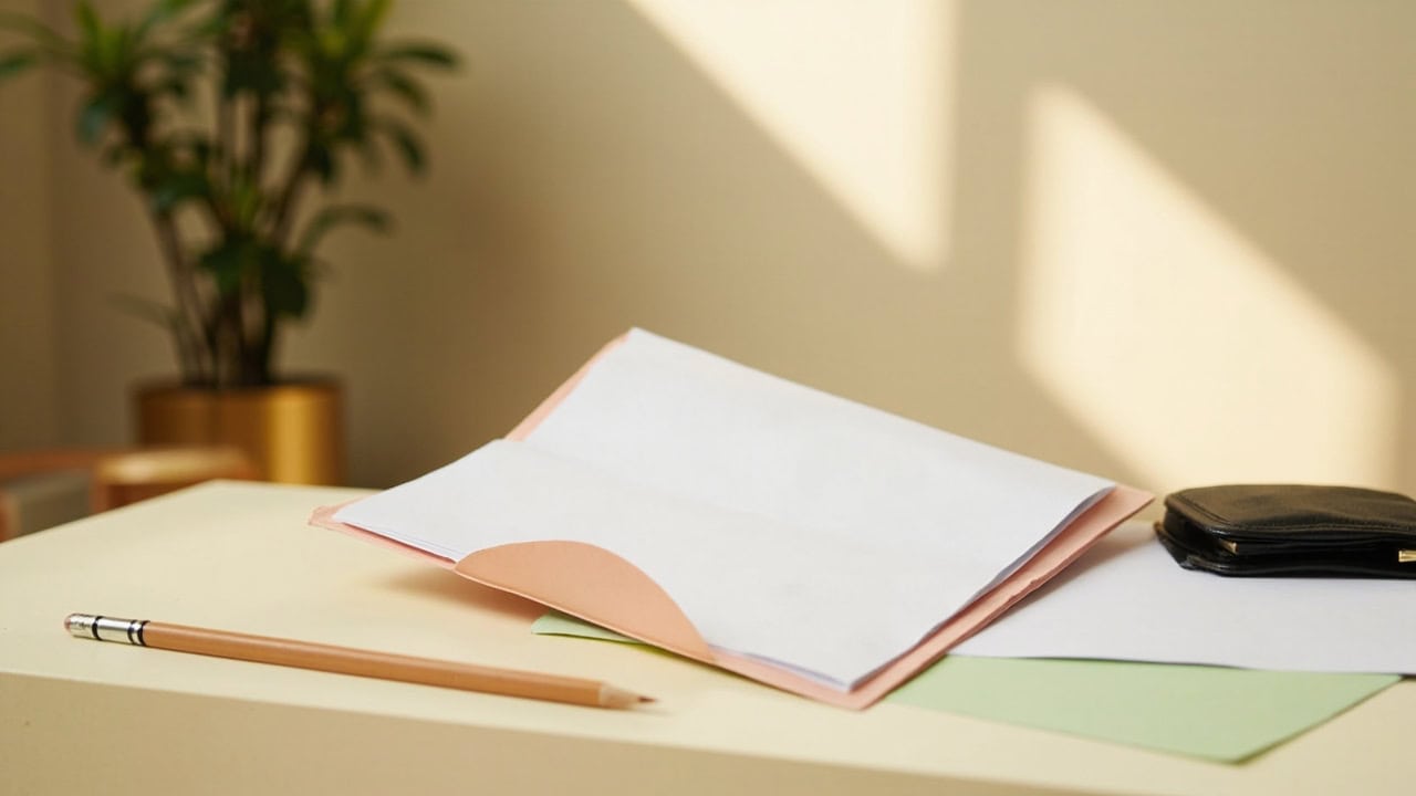 Blank coral folder, papers, pencil and closed wallet on a cream desk beside a softly blurred plant.
