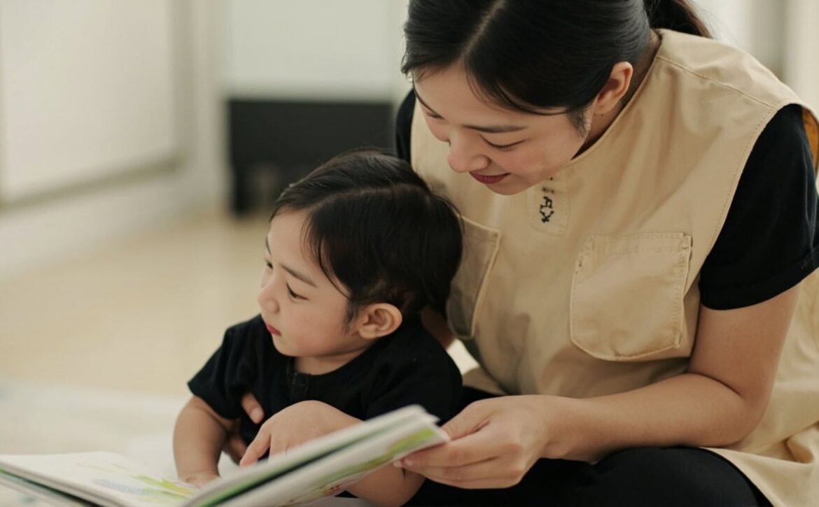 A caregiver sits on a floor mat and supports a baby on their lap while holding an open cloth picture book in the baby's view.