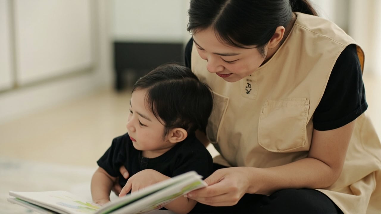 A caregiver sits on a floor mat and supports a baby on their lap while holding an open cloth picture book in the baby's view.
